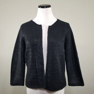 Willow & Clay M Jacket Black Metallic Cotton Cable Knit Open Front 3/4 Sleeves